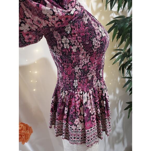 Vtg Angie Smocked Floral Crochet Balloon Sleeve Peplum Top Size XL Whimsygoth - Picture 7 of 11